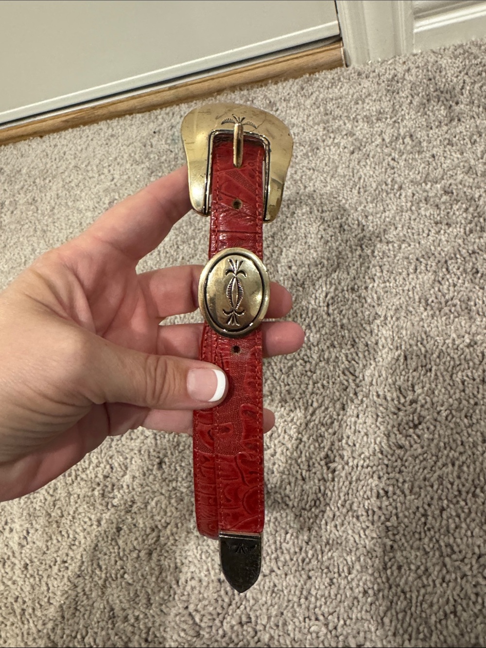 Justin Boots Red Tooled Western Leather Belt with Decorative Brass Buckle